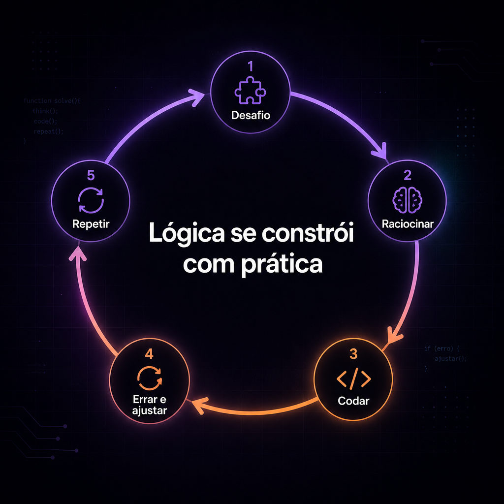 Ciclo da prática: desafio, raciocinar, codar, errar e ajustar, repetir