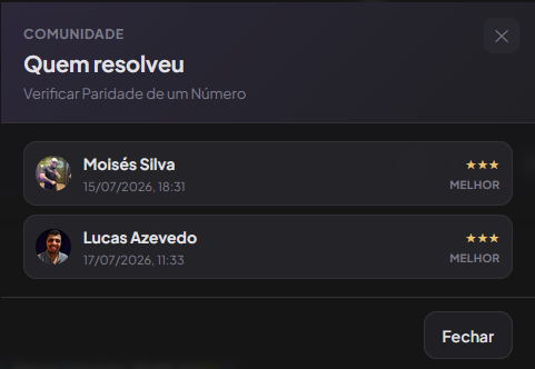 Lista de alunos que resolveram o desafio Verificar Paridade de um Número