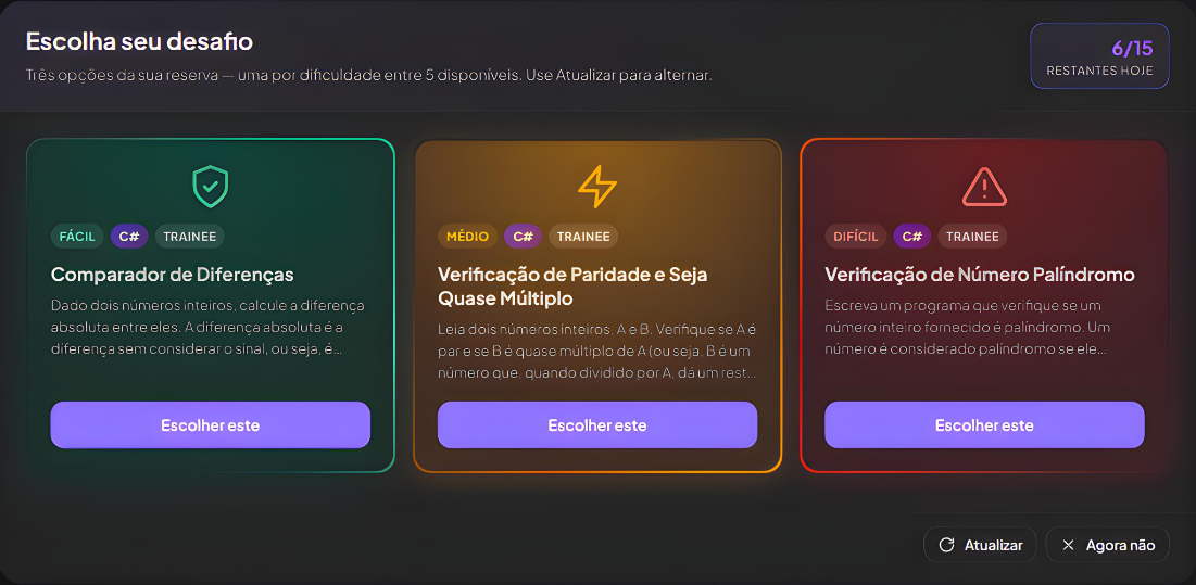 Tela de escolha de desafio fácil, médio ou difícil