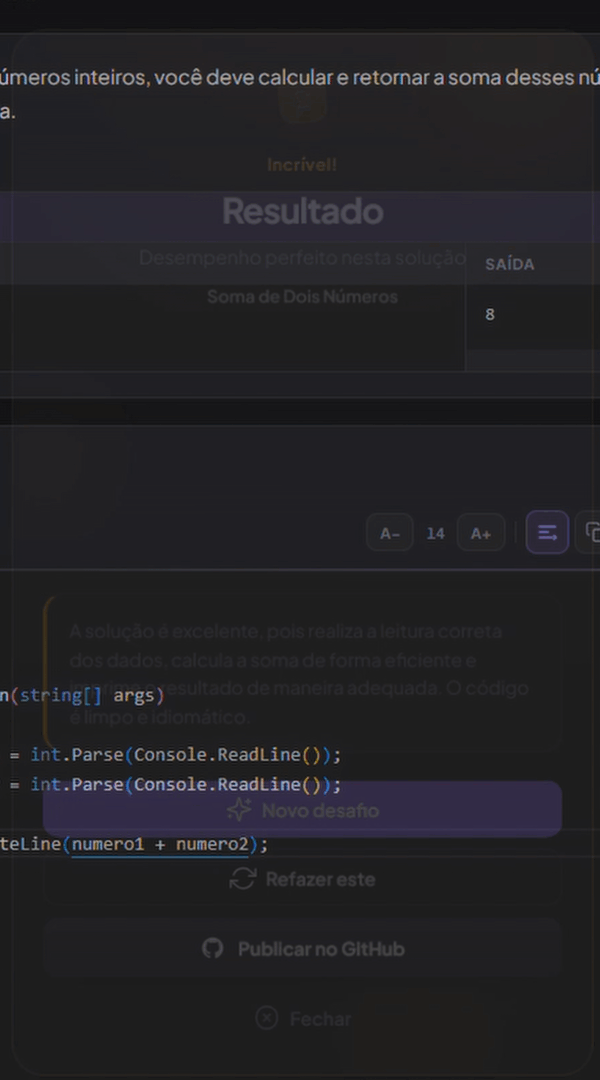 Tela de resultado com opção de publicar no GitHub